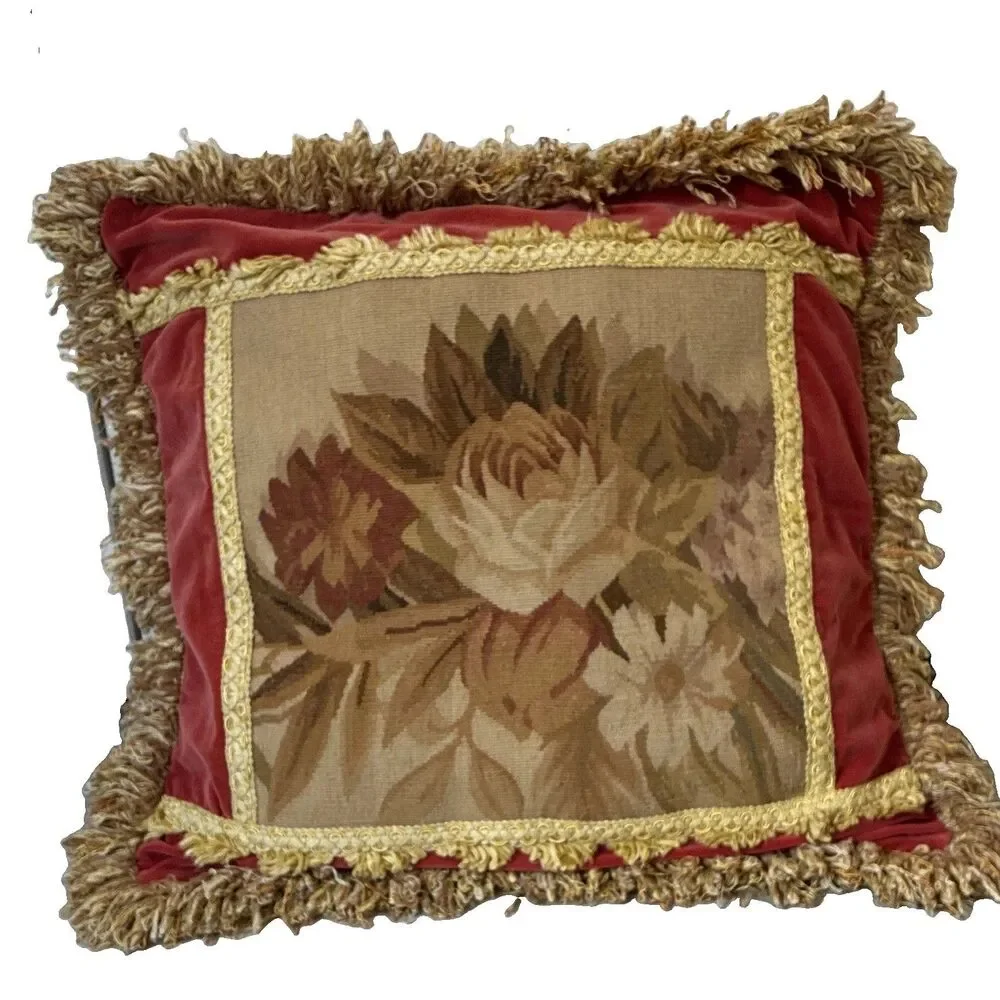 Vintage Velvet Floral Square Decorative Pillow Case Red/Gold Fringe Zipper